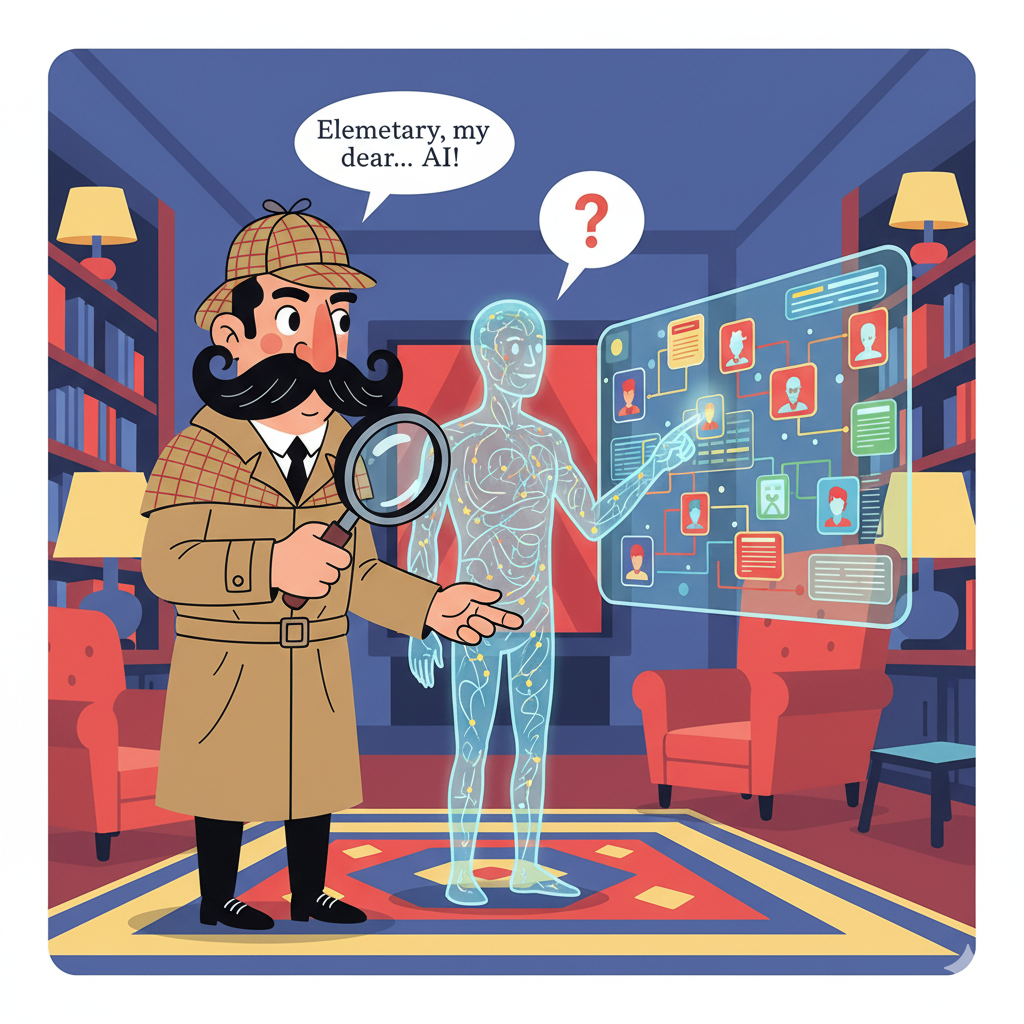 Auto-generated description: A detective interacts with a digital AI figure displaying a complex web of connections and profiles.