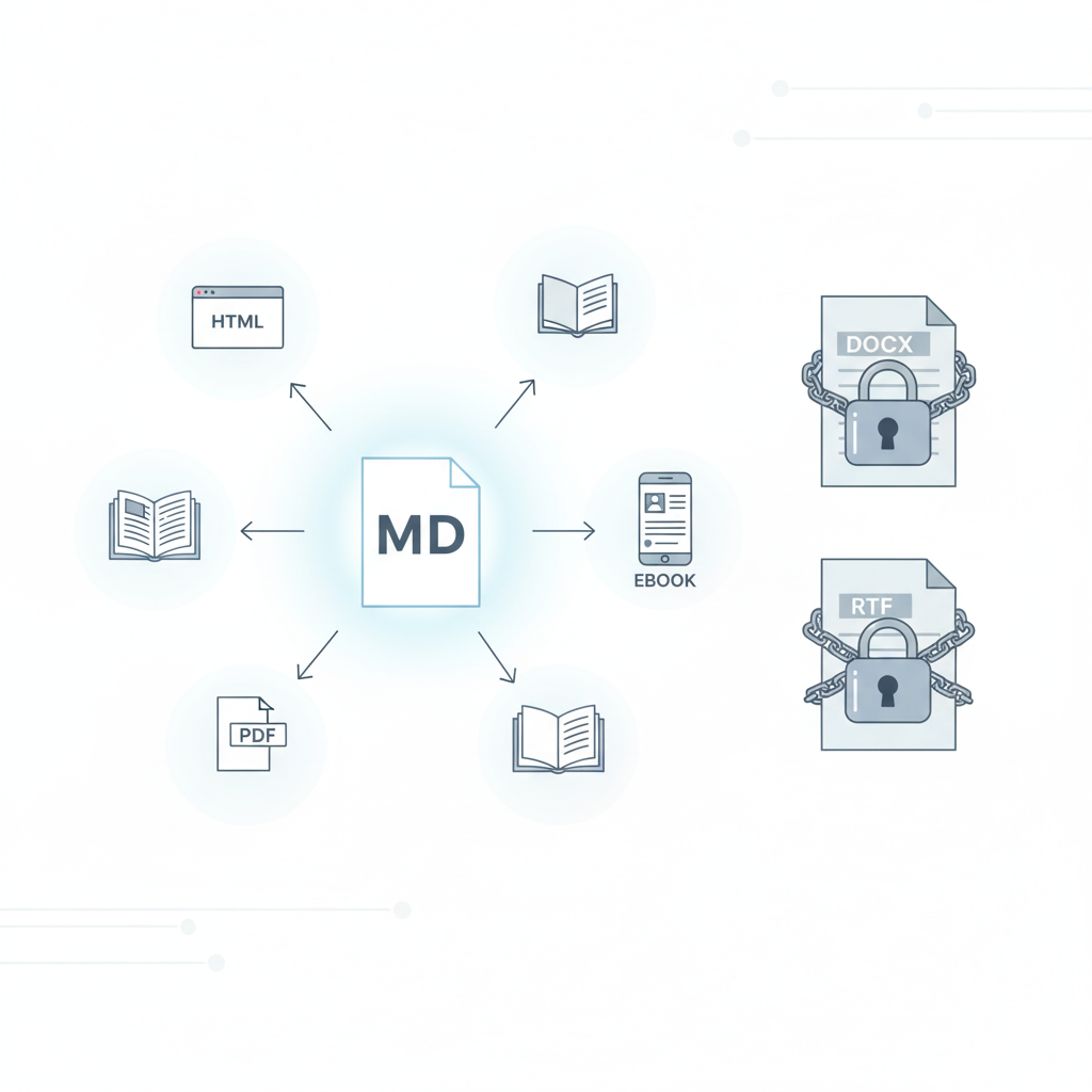 Auto-generated description: A diagram shows a central document labeled MD connected to various file formats like HTML, PDF, and EBOOK, with DOCX and RTF files depicted as locked.