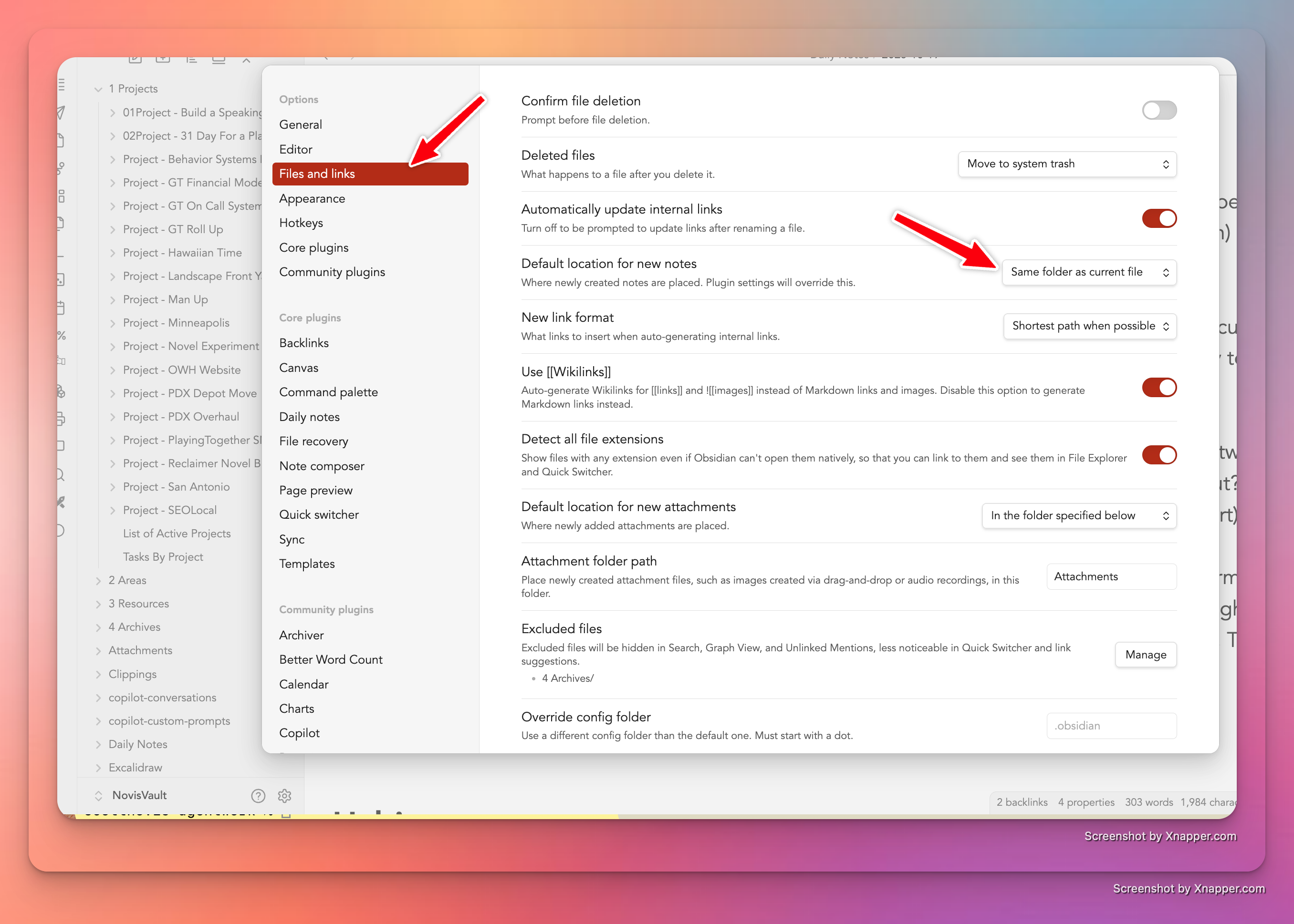 Obsidian file settings showing default location for new notes