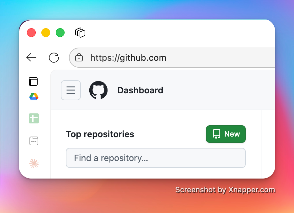 Auto-generated description: A web browser shows a GitHub dashboard with a search bar and a New button under Top repositories.