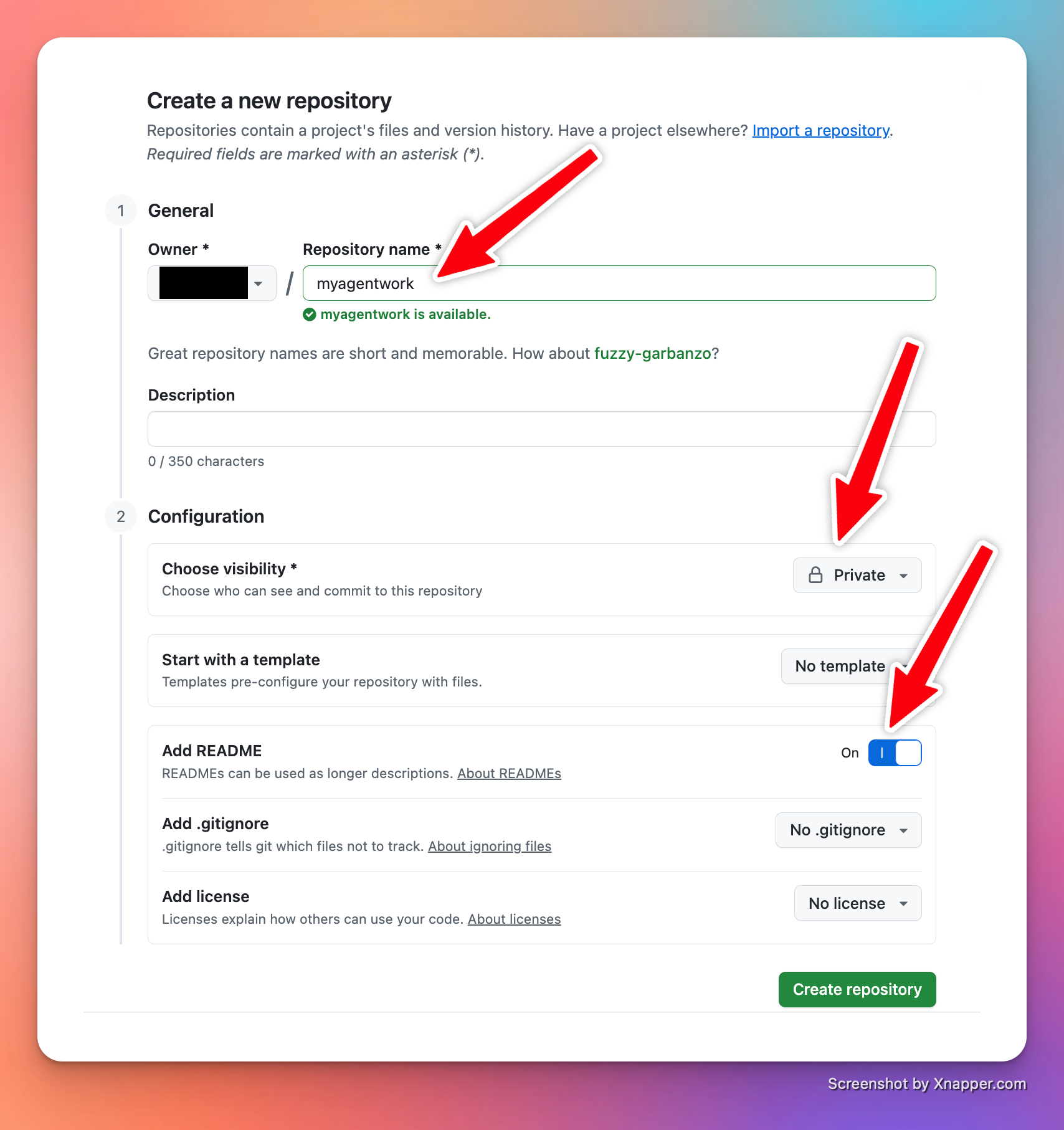 Auto-generated description: A screenshot of the GitHub interface for creating a new repository, highlighting the options for the repository name, visibility, template selection, and README initialization.