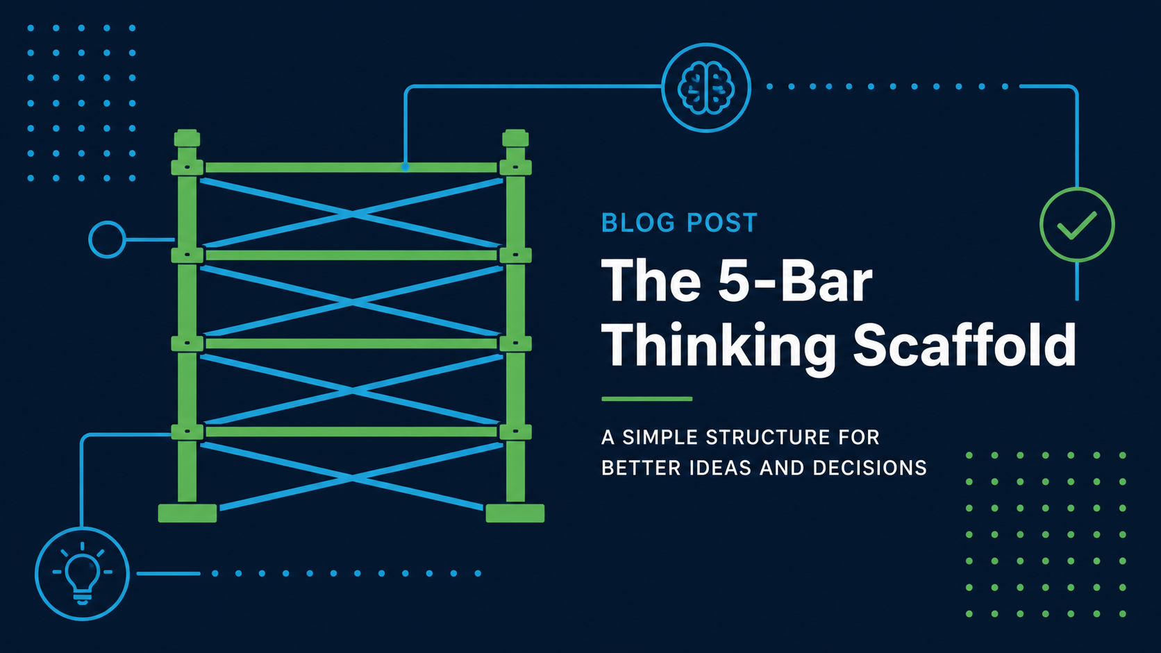 Auto-generated description: A graphic featuring a scaffold structure labeled The 5-Bar Thinking Scaffold alongside icons of a brain and a lightbulb, accompanied by the text A simple structure for better ideas and decisions.